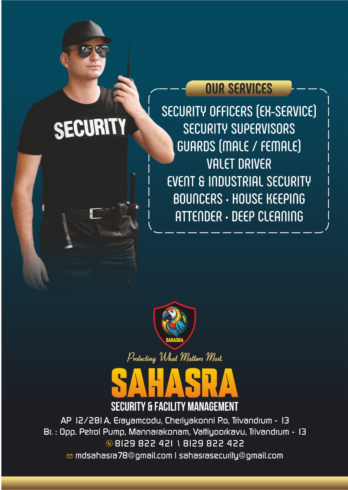Sahasra security officer with radio — professional field presence
