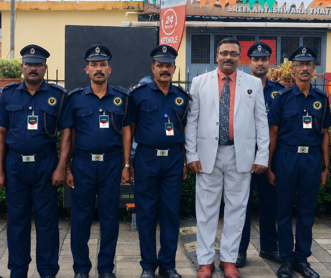 Sahasra security personnel in formal navy uniforms with peaked caps